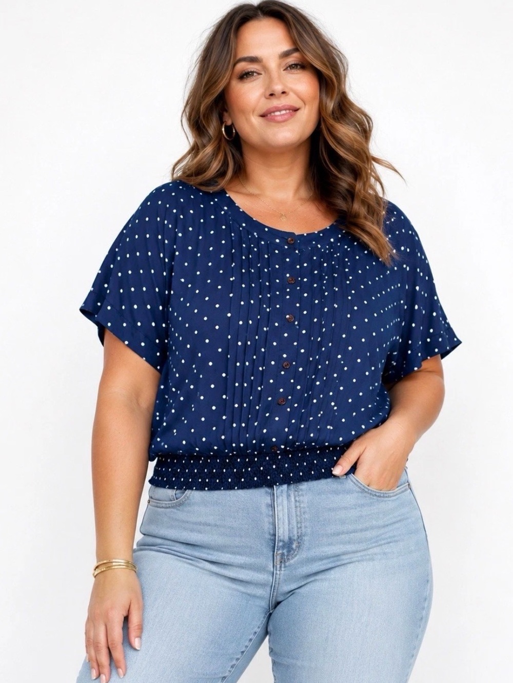 Vintage Alfred Dunner 22W (2X) Navy Polka Dot Blouse Plus Size Retro Top